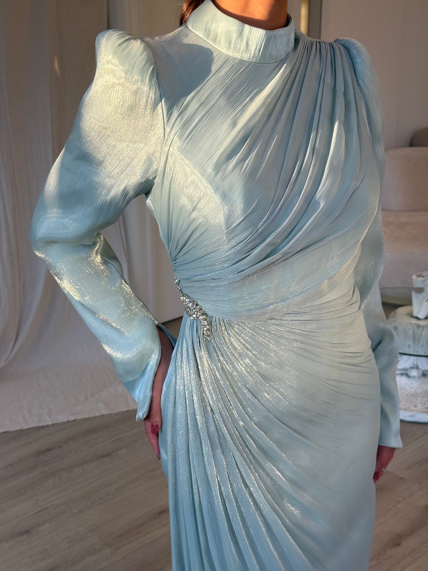 Blue High Neck Ruched Long Sleeves Sheath Evening Formal Dress