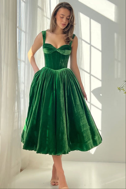 Chic A-Line Sweetheart Green Velvet Tea Length Formal Prom Party Dress
