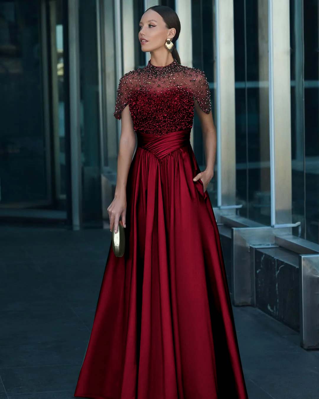 High-Neck Short Sleeves Long A-Line Pleated Prom Dress With Pockets And Beadings