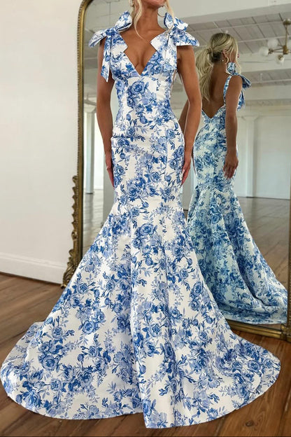 Fashion Mermaid V Neck Flower Print Satin Prom Dress