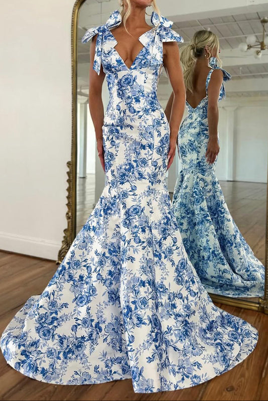Fashion Mermaid V Neck Flower Print Satin Prom Dress