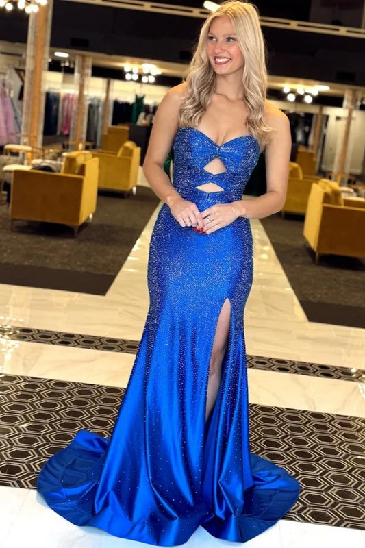 Royal Blue Bow Neckline Split Beaded Prom Dress