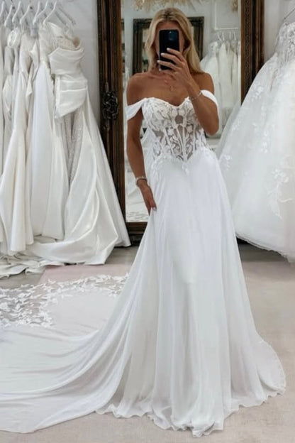 A Line Off the Shoulder Chiffon Beach Wedding Dress