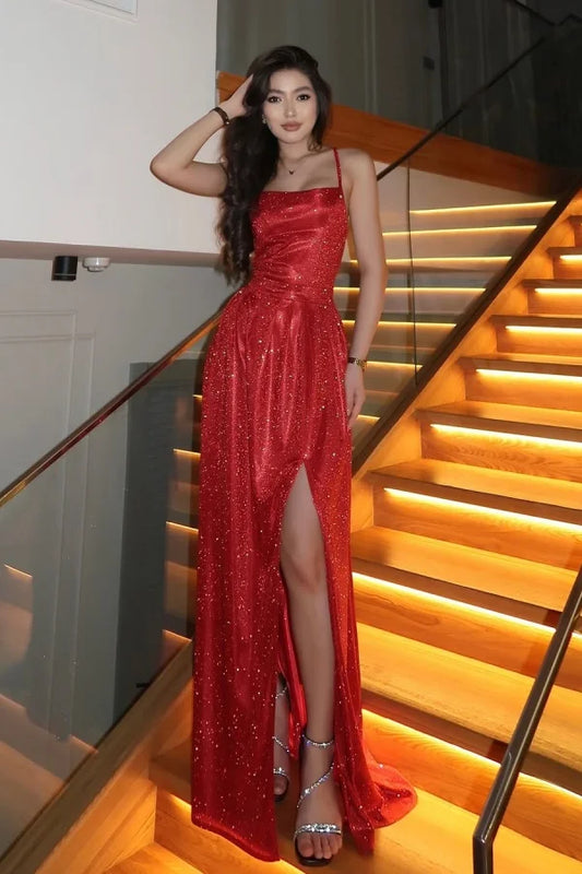 Glamorous Red Shining Split Spaghetti-Straps Prom Dress ZT0687