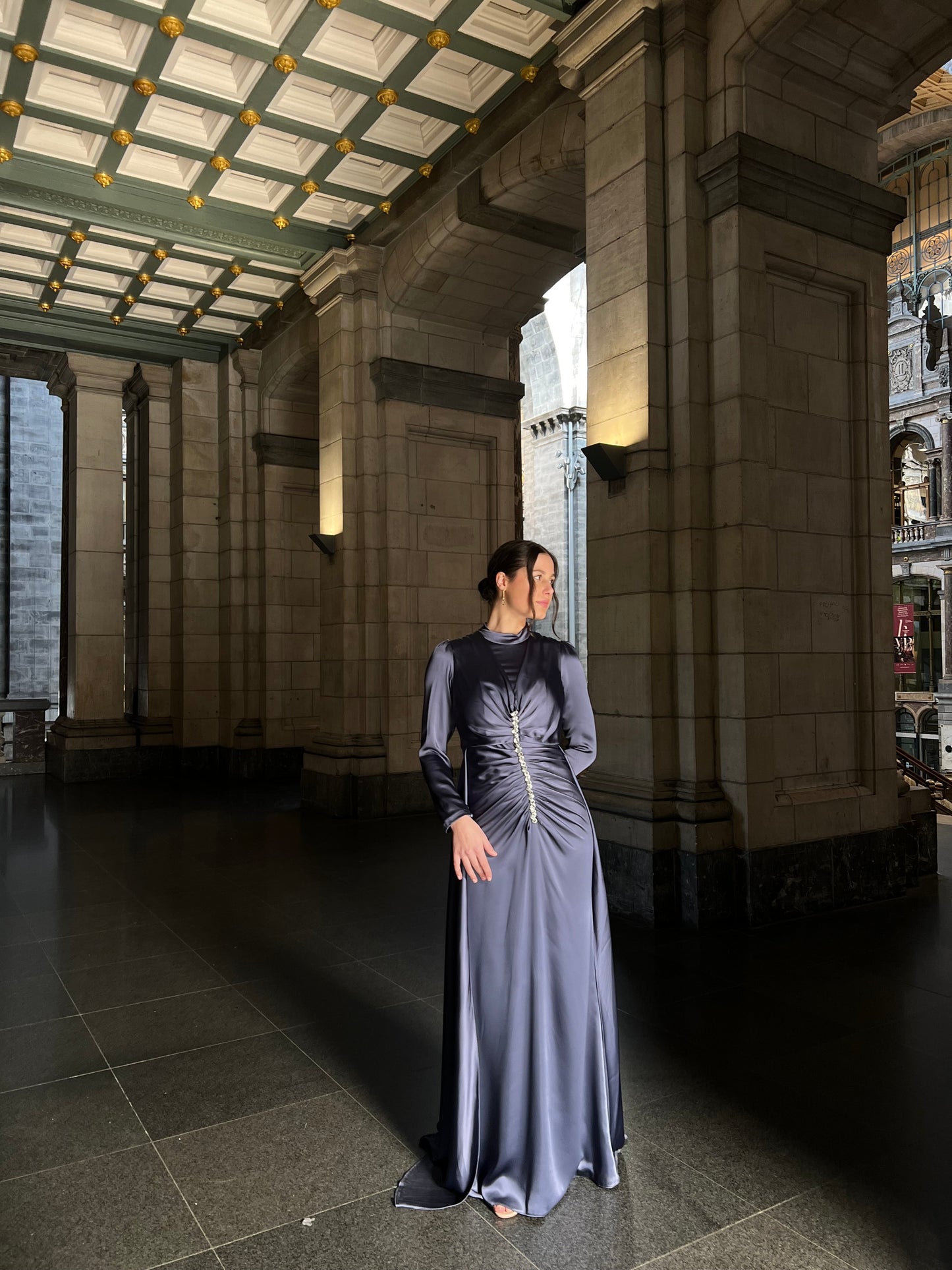 Dusty Blue Beaded Ruched Long Sleeves Evening Dress with Train