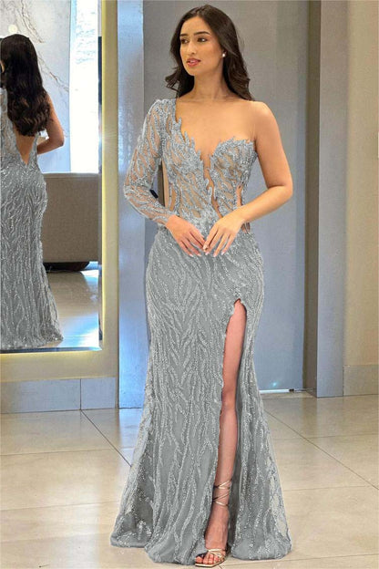 One Shoulder One Long Sleeve Backless Mermaid Split Prom Dress
