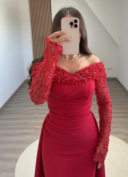 Long Sleeves Off-Shoulder Ruched Evening Dress