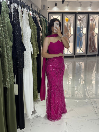 Fuchsia Asymmetrical Neck Sheath Sleeveless Evening Dress
