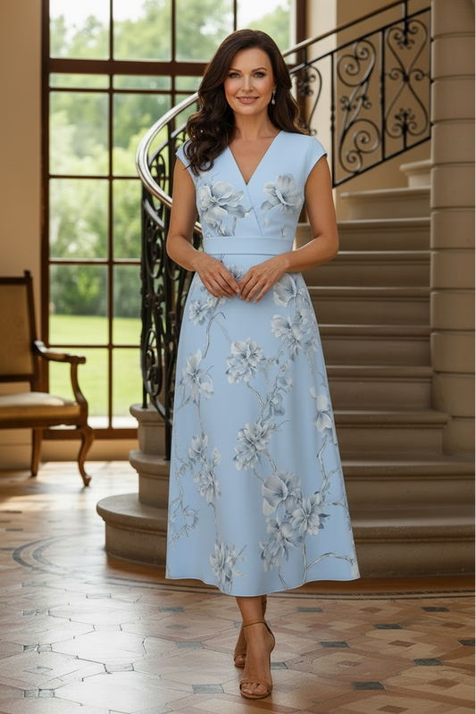 Elegant Floral V-Neck A-Line Midi Dress