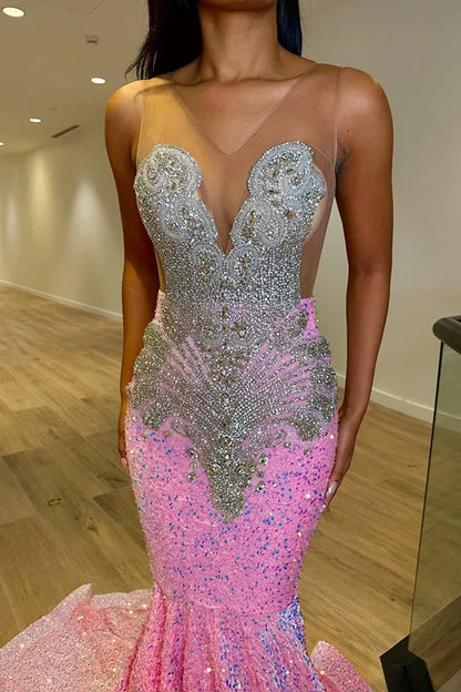 Pink Evening Dress Sleeveless Sequins Mermaid Long Slit