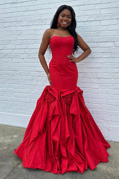 Cute Mermaid Sweetheart Red Satin Long Prom Dress