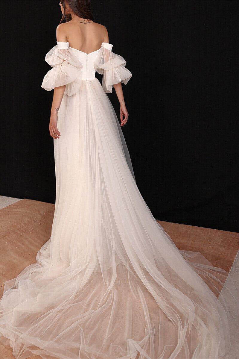 Off-Shoulder Long-Puff-Sleeves Tulle Floor-Length Wedding Dress