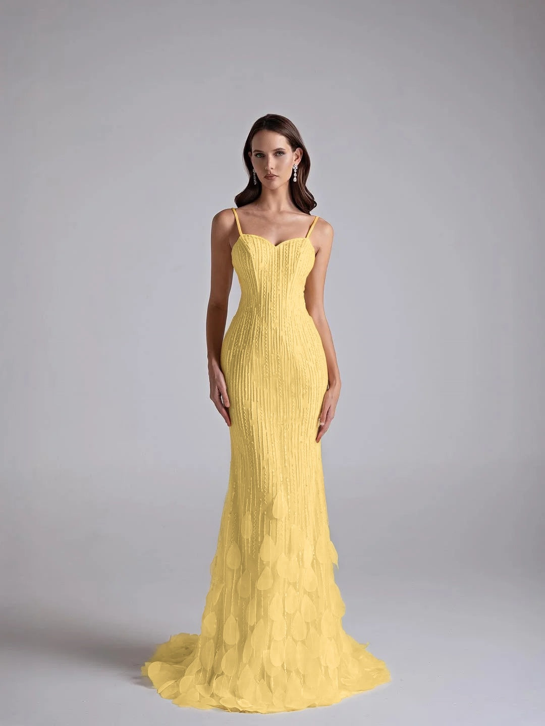 Spaghetti Straps Sleeveless Long Mermaid Prom Dress With Petals And Sequins