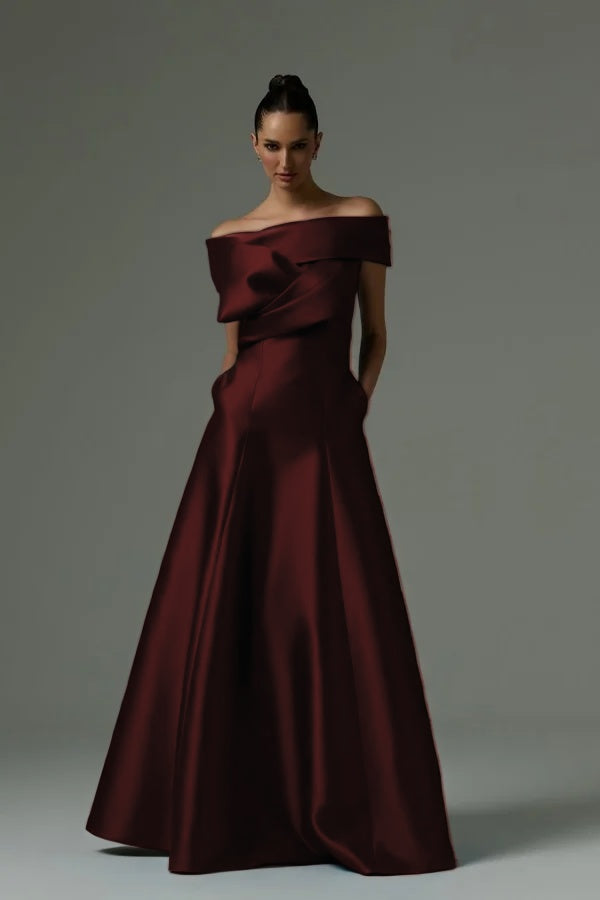 Off the Shoulder Sleeveless Long Prom Dress With Pleated Pocket