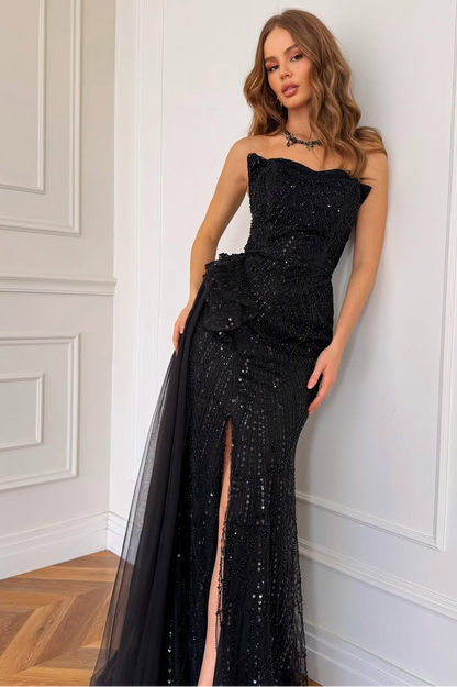 Black Strapless Sleeveless Long Split Prom Dress