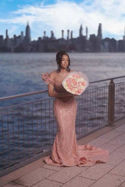 Coral Pink Sweetheart Straps Mermaid Prom Dress With Beadings