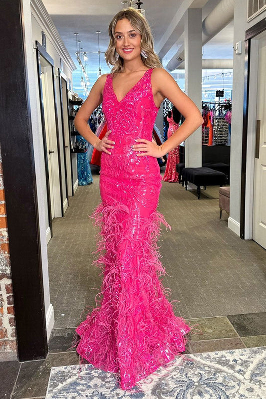 Mermaid V Neck Fuchsia Sequins Lace Long Prom Dress