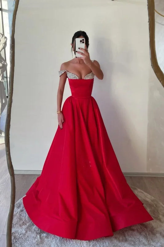 Red Formal A-Line Beaded Double Straps Prom Dress