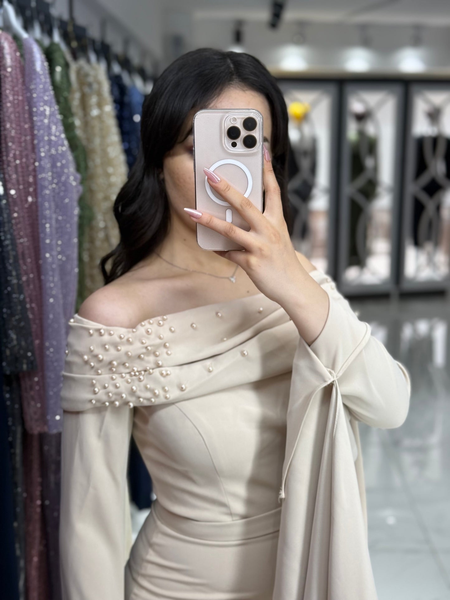 Off Shoulder Long Sleeves Beaded Ruched Evening Dress