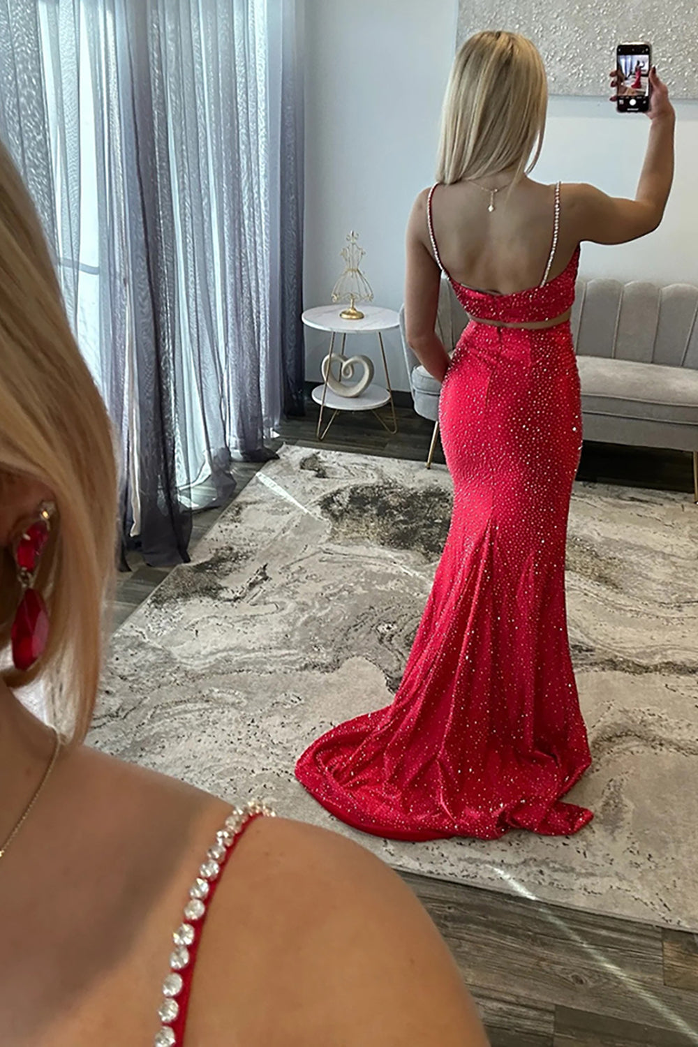 Red Two Piece Satin Beaded Long Prom Dresses with Slit