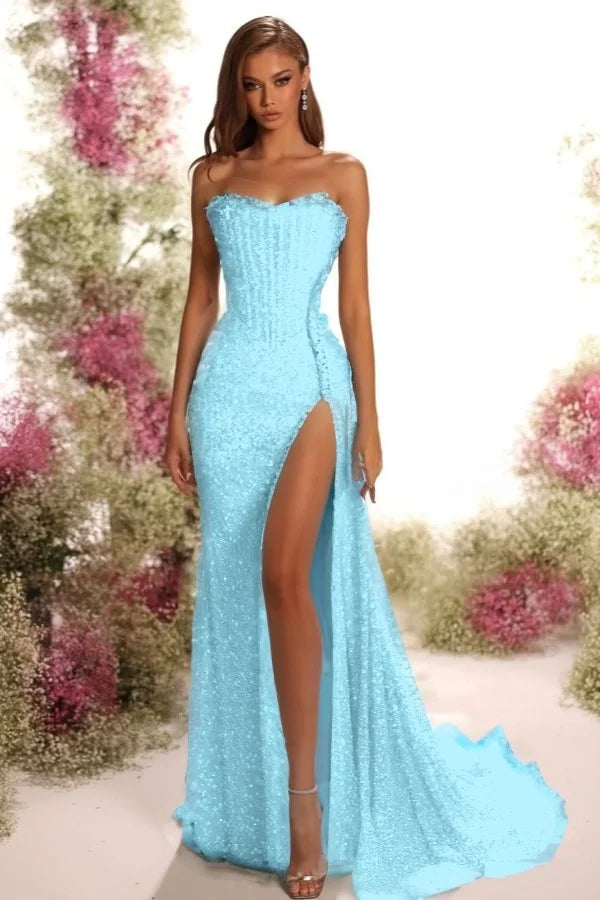 Light Blue Sequins Strapless Split Prom Dress