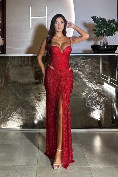 Red Gorgeous Split Sequins Spaghetti-Straps Prom Dress