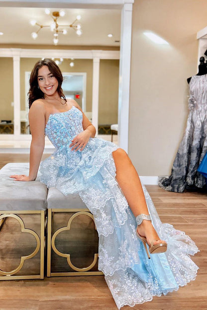 A-Line Strapless Light Blue Sequins Tulle Long Prom Dress