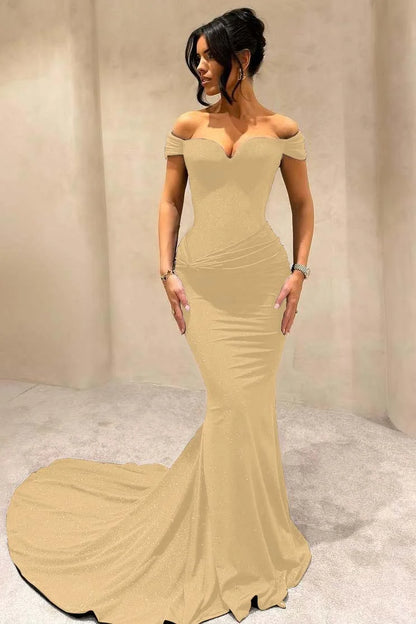 Chocolate Off-The-Shoulder Mermaid Prom Dress With Glitter