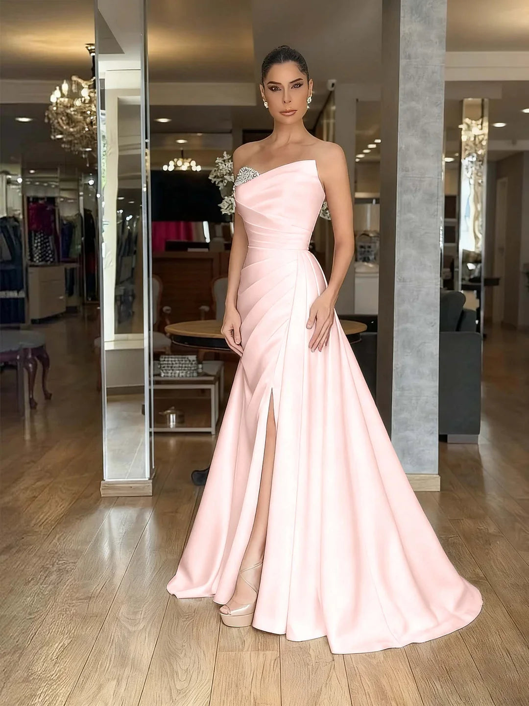 Red Strapless Beaded Pleated Long Prom Dress