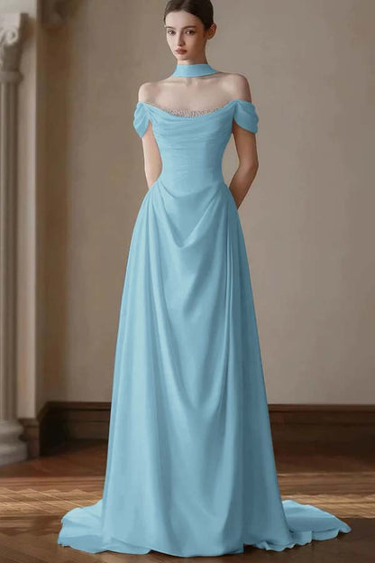 Elegant Off-the-Shoulder Prom Dress Pleated A-Line with Beaded