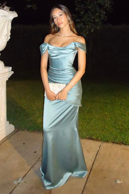 Blue Satin Party Dress Off the Shoulder Long Sexy Prom Dress