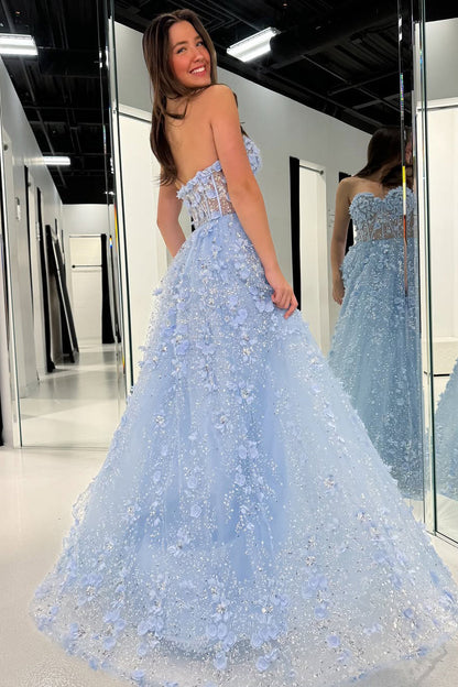 A-Line Strapless Light Blue Sequins Long Prom Dresses with 3D Flower Appliques