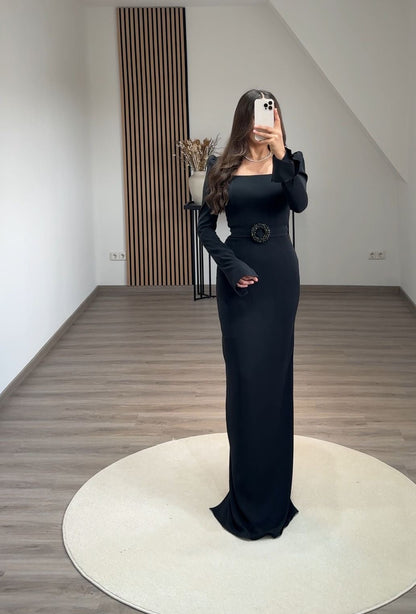 Black Long Sleeves Square Evening Dress