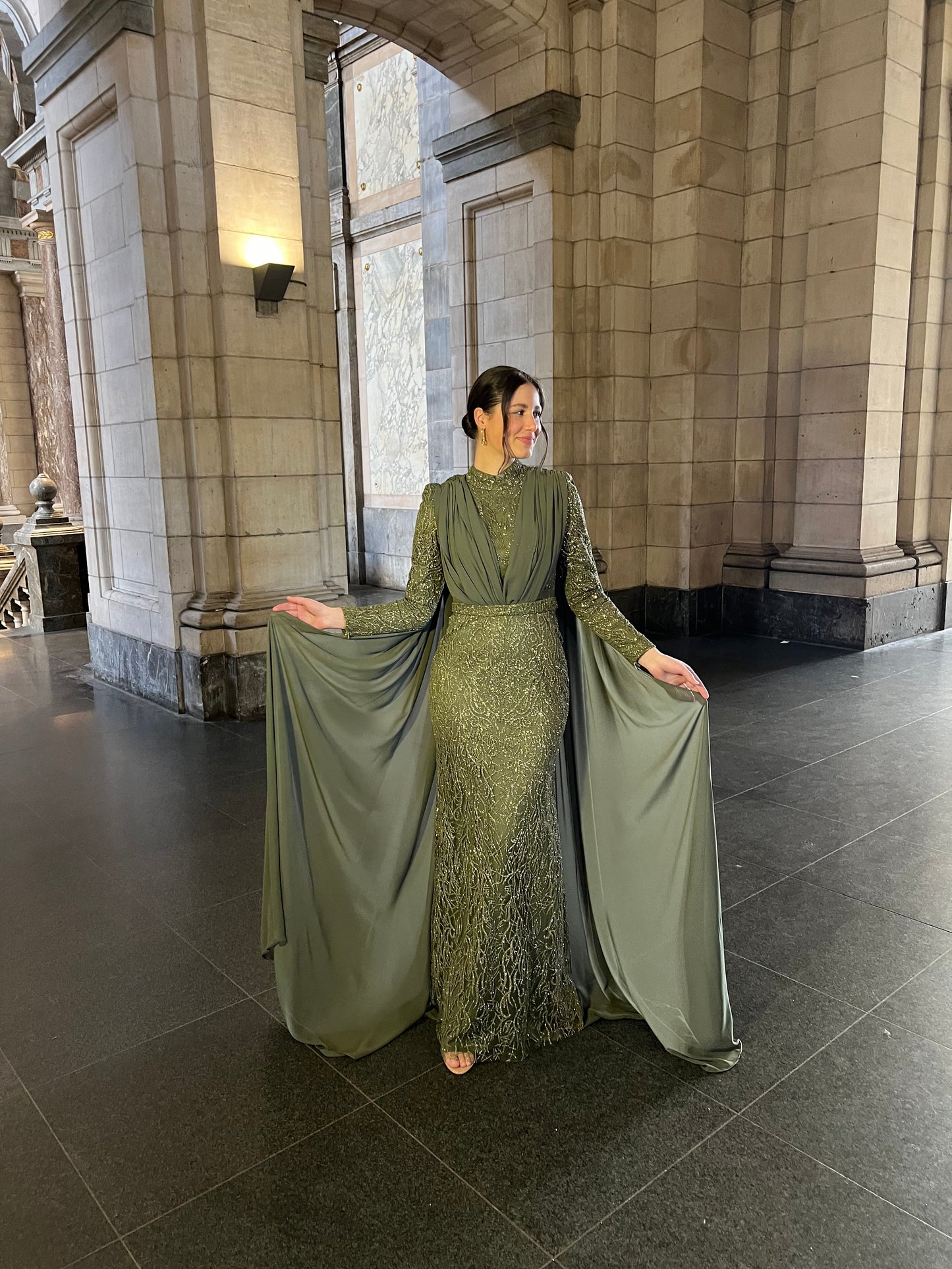 Celadon Column Beaded High Neck Long Sleeves Evening Dress