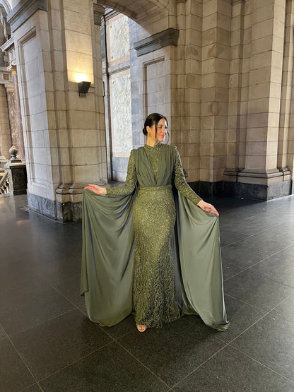 Celadon Column Beaded High Neck Long Sleeves Evening Dress