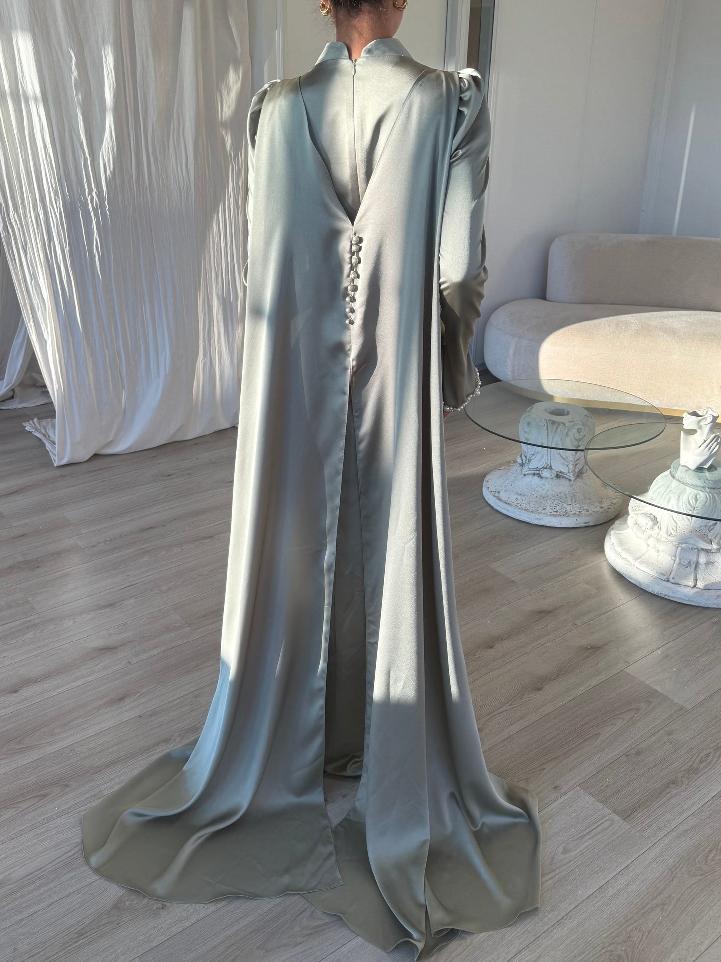 Agave Green Sheath High Neck Ruched Long Sleeves Evening Dress with Shawl