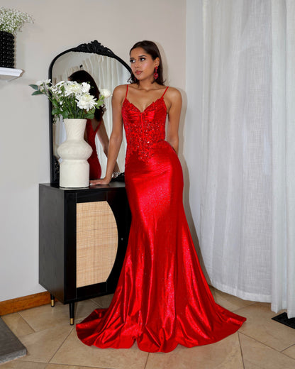 Red Spaghetti Straps Sweetheart A-Line Prom Dress
