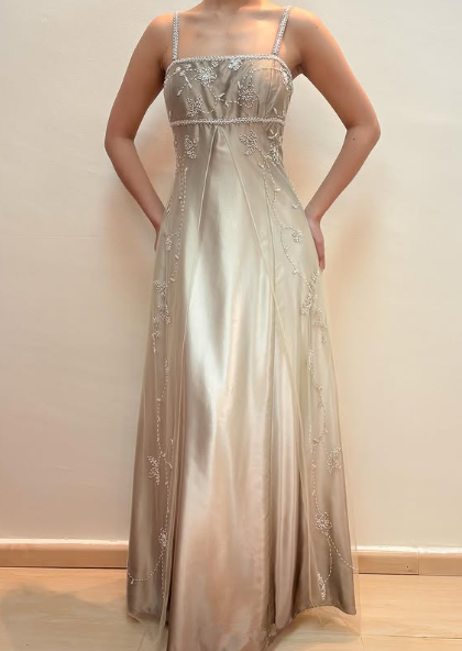 Spaghetti Straps Satin Tulle Beaded Prom Dress