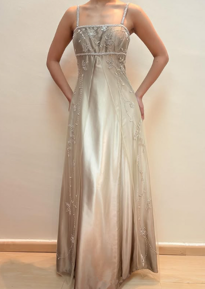 Spaghetti Straps Satin Tulle Beaded Prom Dress