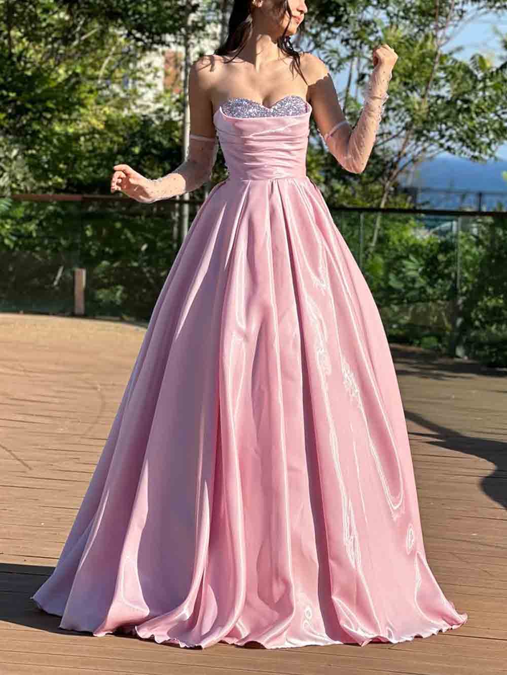 Pink Satin A Line Evening Dresses Strapless Formal Prom Dress