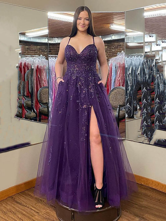 Sparkly Lace Tulle Prom Dress With Pockets Slit Dress