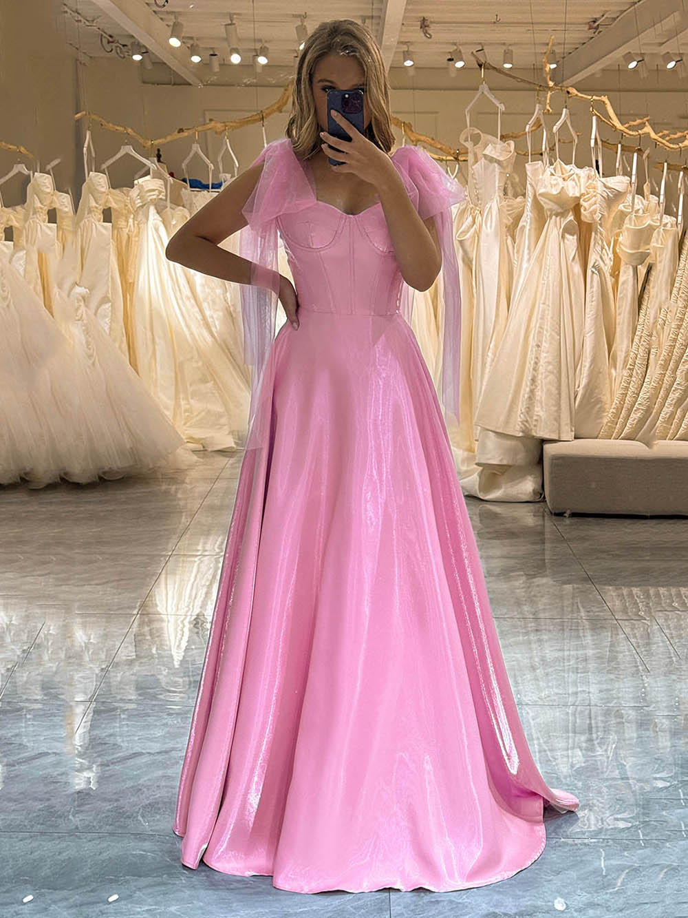 Pink A-Line Prom Dress Backless Shiny Satin Corset Evening Gown