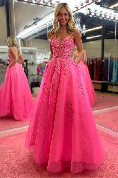 A-Line Lace Appliques Prom Dress Sparkly Princess Formal Evening Gown