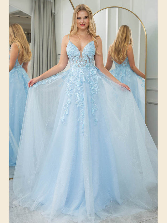 Corset A-Line Prom Gown Lace Appliqué Glitter Tulle Evening Dress