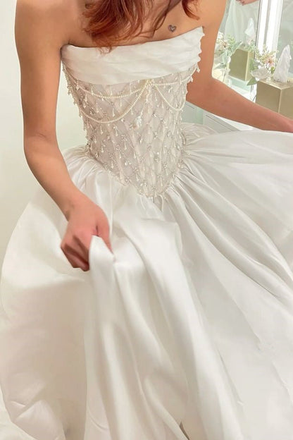 Sleeveless Rhinestone Beaded Satin Pleated Wedding Dress with Train