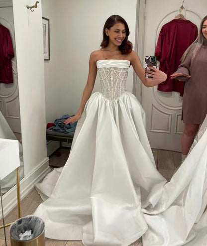 A Line Stunning Strapless Satin Wedding Dress