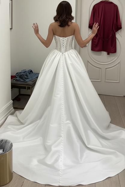 Sleeveless Rhinestone Beaded Satin Pleated Wedding Dress with Train
