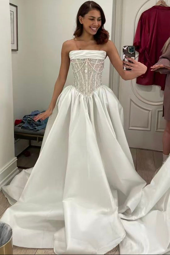 Sleeveless Rhinestone Beaded Satin Pleated Wedding Dress with Train
