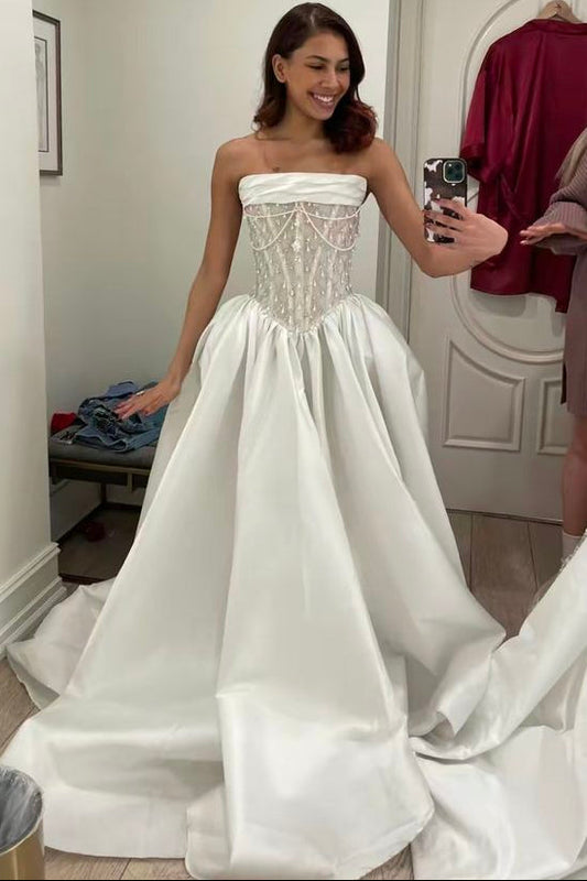 Sleeveless Rhinestone Beaded Satin Pleated Wedding Dress with Train