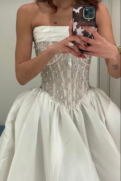 Sleeveless Rhinestone Beaded Satin Pleated Wedding Dress with Train
